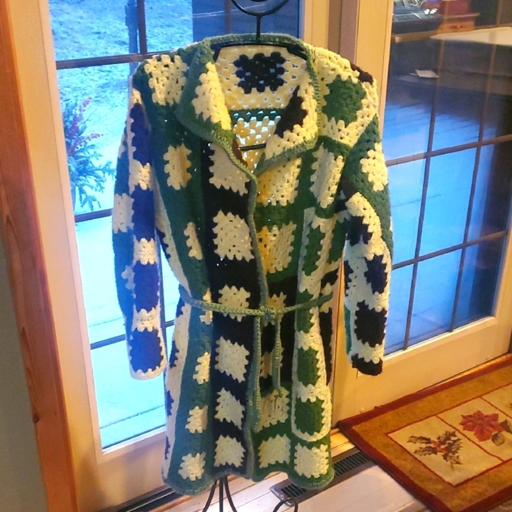 Upcycled 3 Coordinating Colorful Crochet Patchwork Long Belt Sz L Cardigan Coat